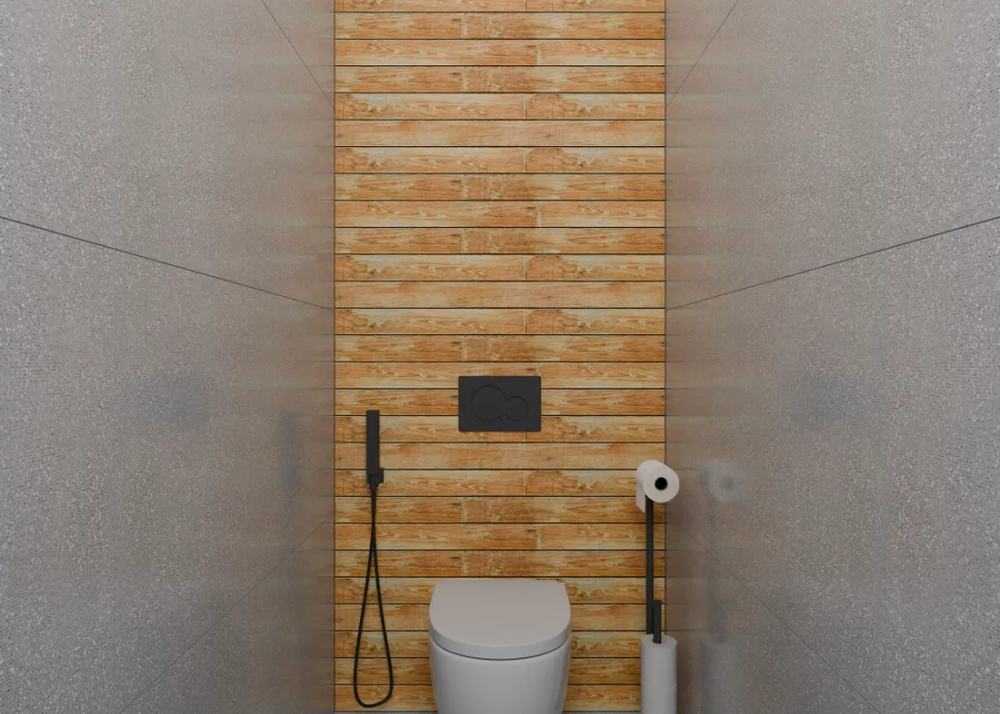 Muestra de baño: Inodoro suspendido sobre pared de gran formato gris, con una franja de listón de madera al lado.